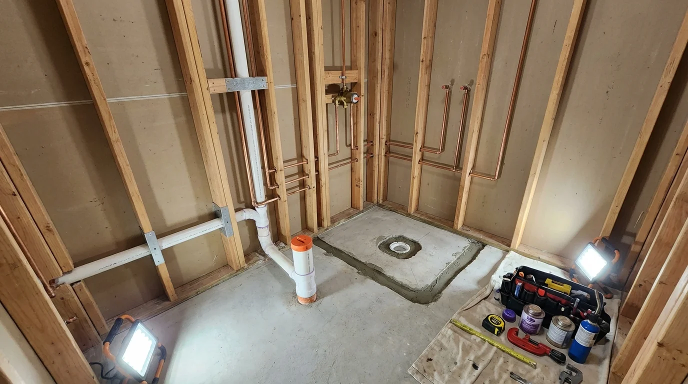 Bathroom rough-in plumbing during remodel by Johns Plumbing LLC in Lakefield
