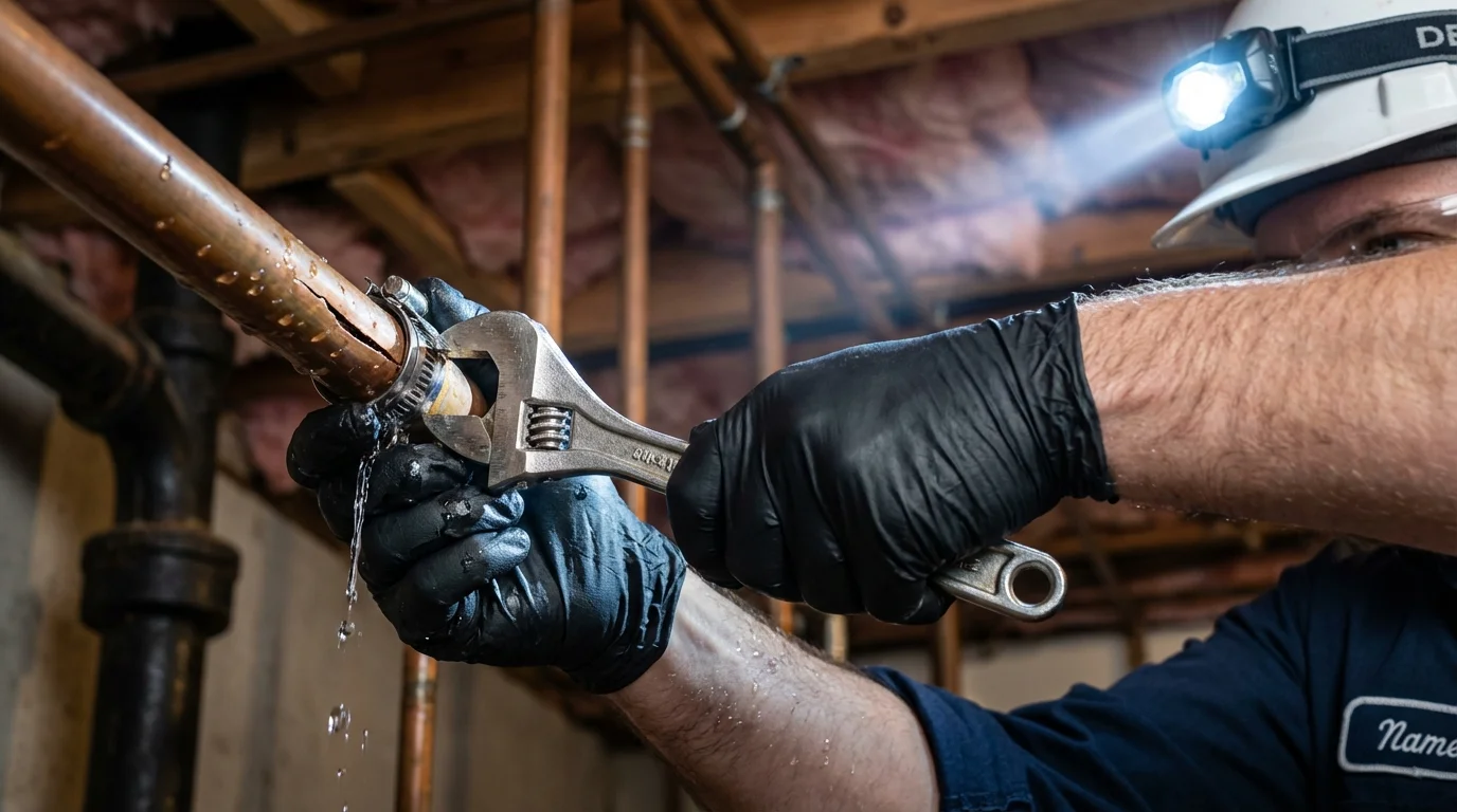 Emergency pipe clamp repair being performed by a Johns Plumbing LLC plumber in Lakefield