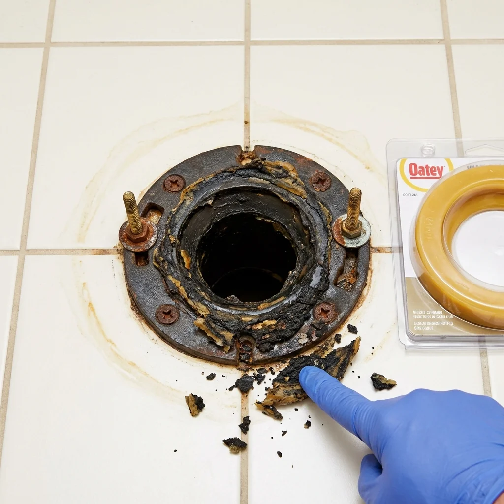 Failed wax ring showing water seepage at the base of a toilet in a Lakefield, MN home