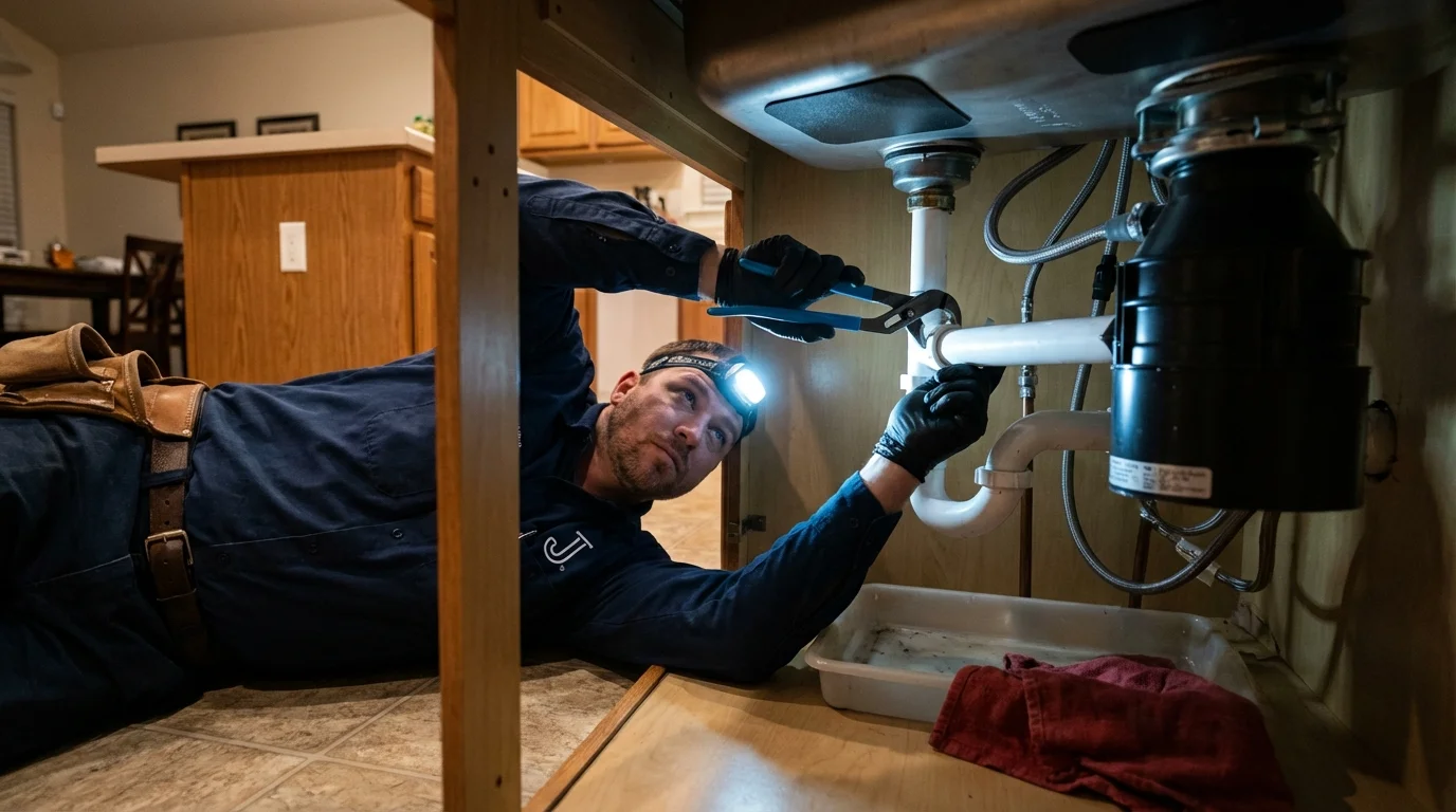 P-trap and supply line connections under a kitchen sink showing a common leak point in Lakefield, MN